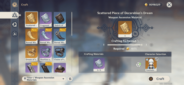 Upgrading weapon ascension materials