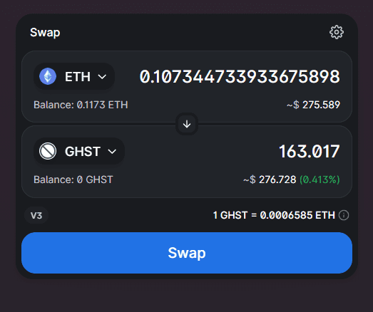 Use Uniswap to swap crypto for GHST; in this example we swap ETH for GHST. You'll need to connect a wallet, such as MetaMask.