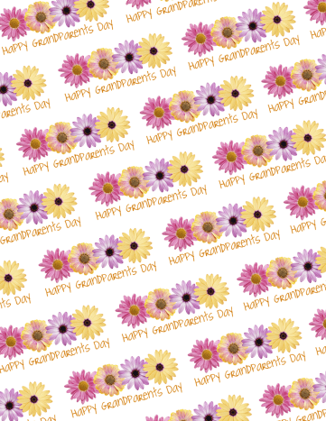 Free Grandparents Day wrapping paper with four yellow, pink and purple daisies and gold text