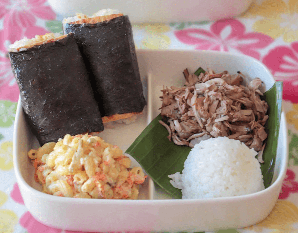 Hawaiian plate lunch! Kalua pork, mac salad, and tofu musubi.