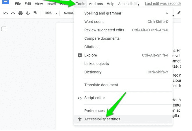 Click on the &ldquo;Tools&rdquo; menu in the top bar and select &ldquo;Accessibility settings&rdquo;