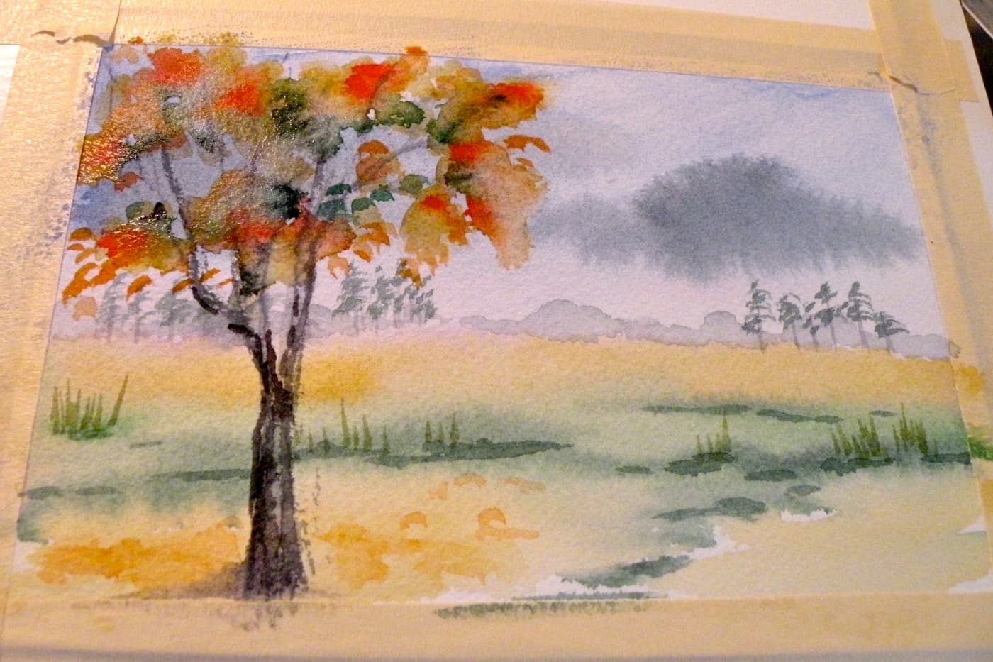 Рисуем акварелью осенний пейзаж по мокрому для начинающих