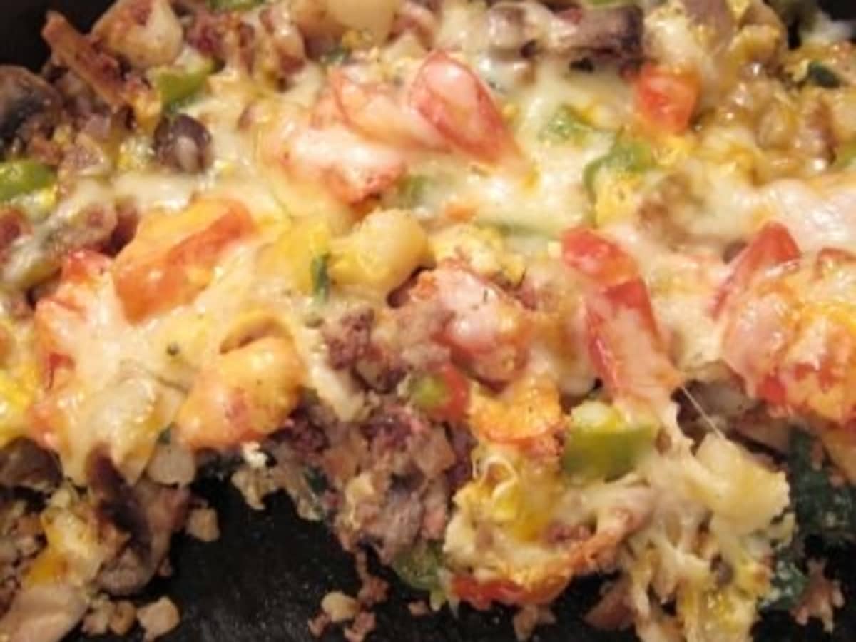 Ground Beef & Bacon Skillet Hash with Zucchini, Tomatoes & Cheddar