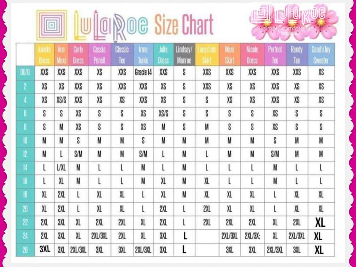 Here is the sizing chart for the Lularoe Julia Dress. This is a