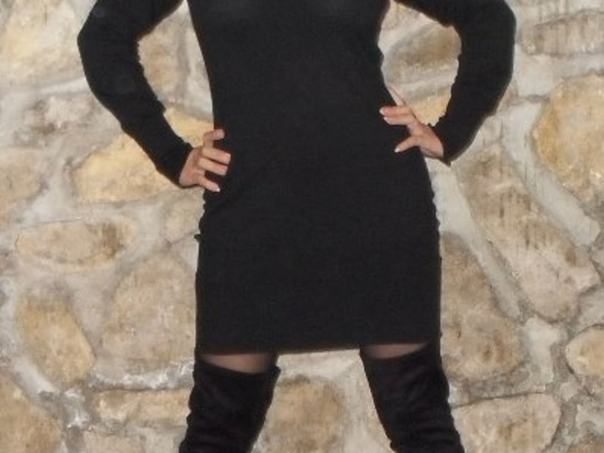 black dress with thigh high boots