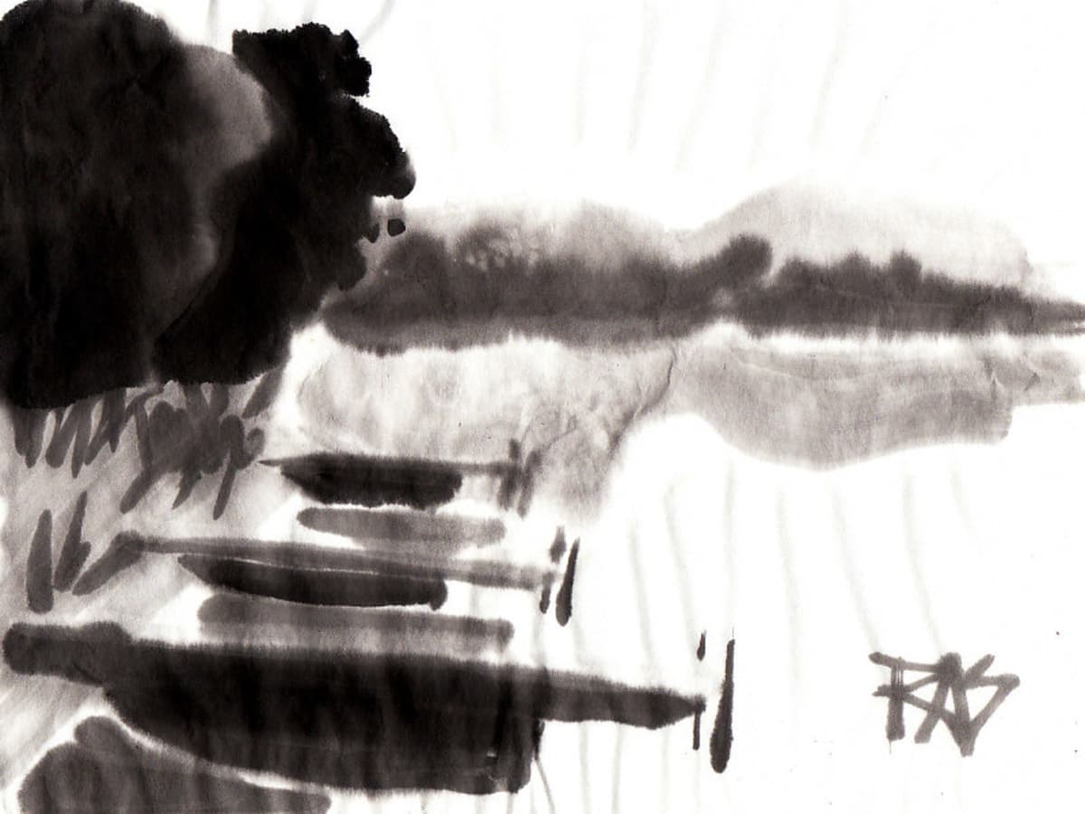 墨絵　Sumi-e a painting in black ＆white Sumi-e Mountain Japanese Ink Painting