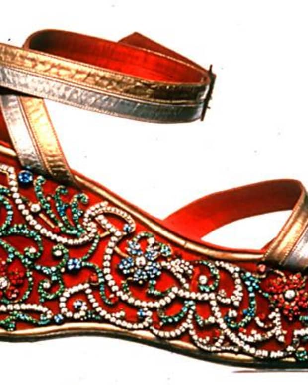1938 Maharani wedge sandal made for Indira Devi, Maharani of Cooch Behar.