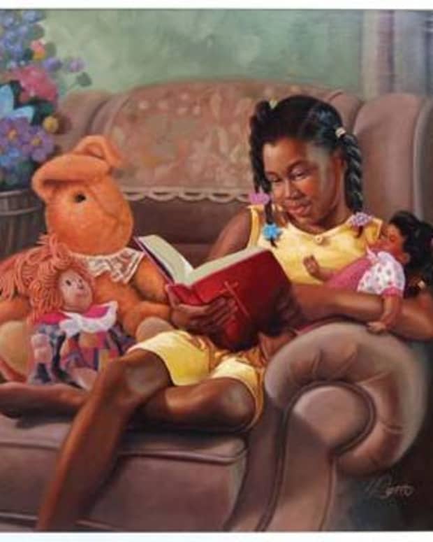 Black Girl reading Bible, Stuffed Animals. Artwork Painting.