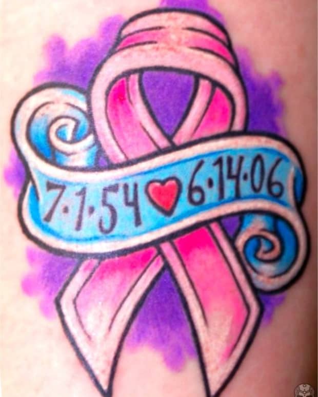 Pink ribbon tattoos symbolize breast cancer awareness