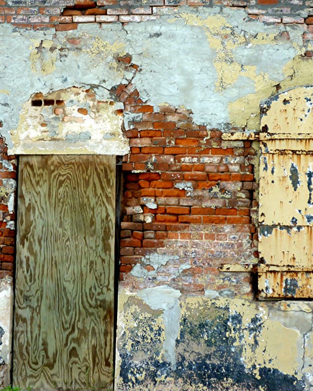 Colorful effects of an exterior old brick and plastered wall in Calvert, Texas * Photo by Peggy W