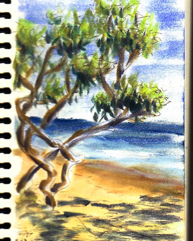 Jamaica Beach Scene sketch by Robert A. Sloan, 5" x 7" in ball point pen and Pan Pastels on Pentalic Nature Sketch paper. Photo reference by VladK on WetCanvas.com.