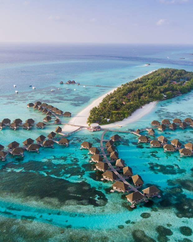 Bird's eye view of an island resort in the Maldives