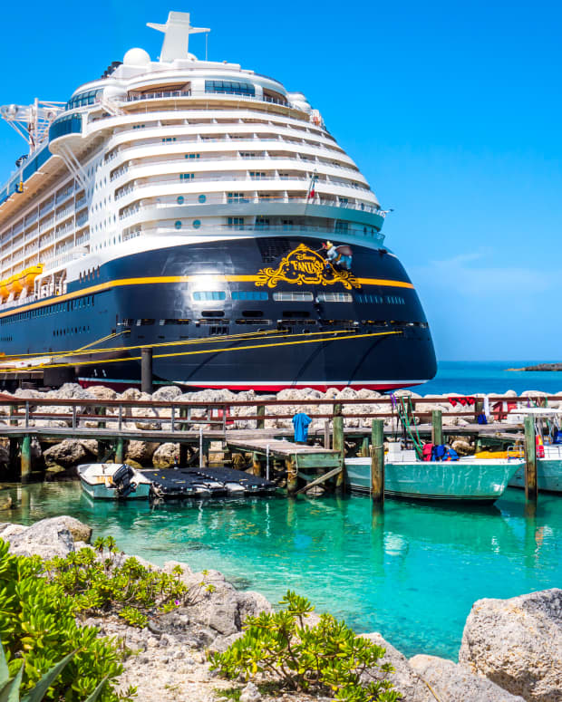 A Disney Cruise ship docked at Castaway Cay in the Bahamas