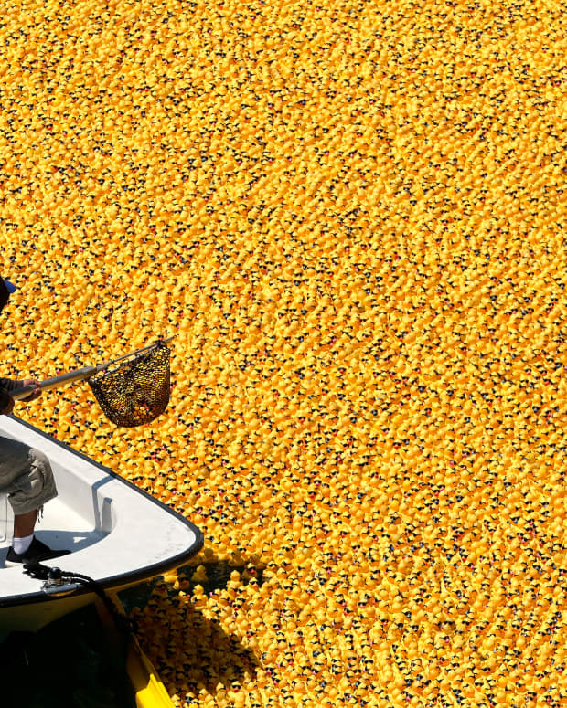 Thousands of yellow rubber ducks crowd the Chicago River as they float in the 2021 Chicago Duck Derby