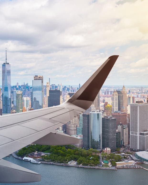 Jet plane flying over Manhattan