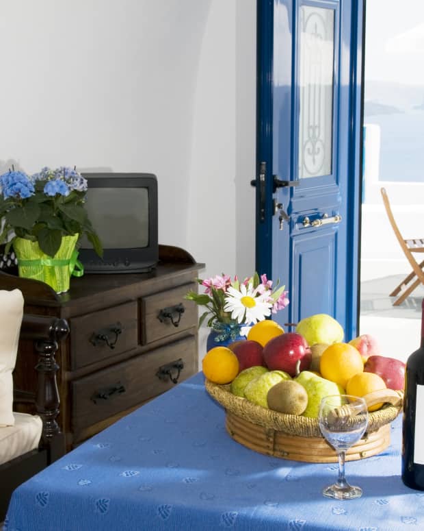 Pristine shot of a romantic hotel room at a Greek resort