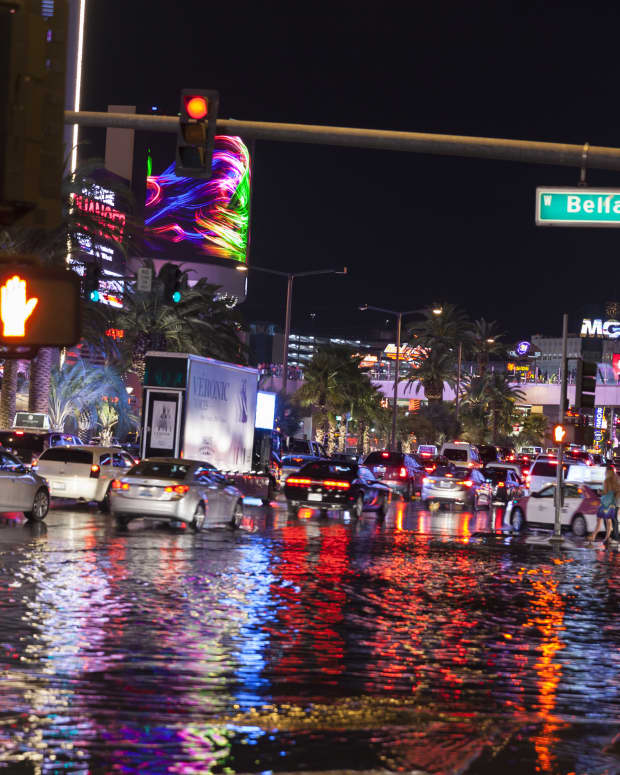 Floodwaters cover the streets of Las Vegas near the Bellagio