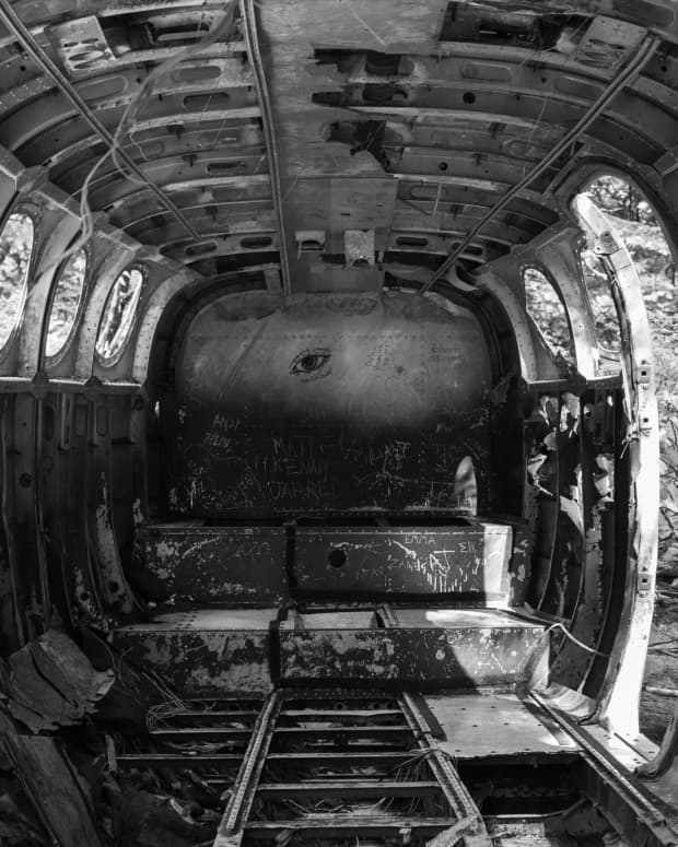Greyscale interior cabin photo of a wrecked, abandoned plane in the woods