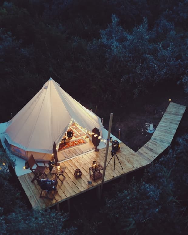 Evening aerial shot of a glamping tent