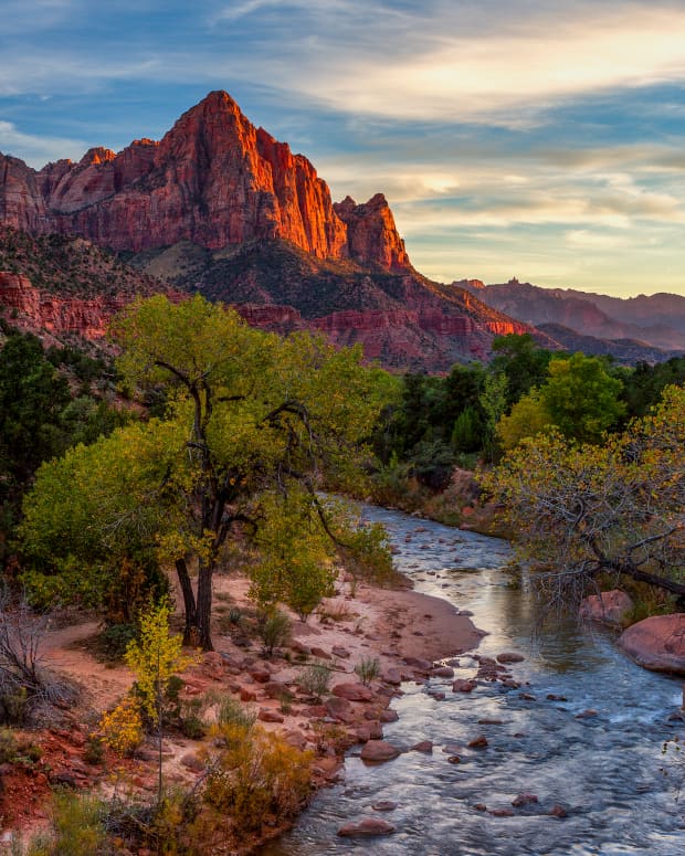 Watchman Mountain and Virgin River in Zion National Park, Utah