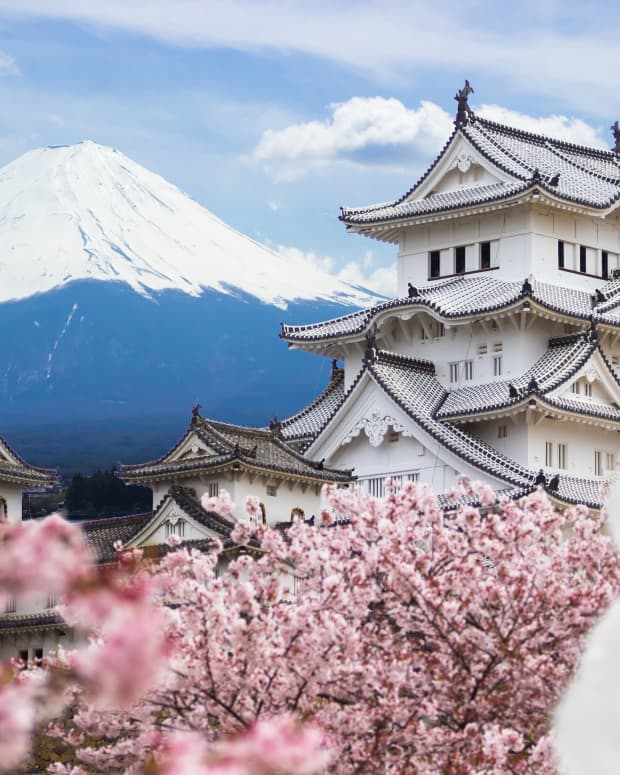 Himeji Castle and sakura blossoms with Mt. Fuji in the background