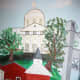 City wall murals work best with interesting buildings like this city hall and church.