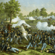 The leader of the Union forces at Wilson Creek, General Nathaniel Lyon, falls mortally wounded with a bullet to the heart the first Union general to die in the Civil War,  as Union troops fight on.