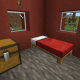 A small house contains only one bed and a decorative block.