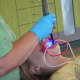 Curing the adhesive with the blue light.