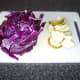 Cored and sliced red cabbage and pear