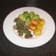 Chicken liver and mushroom casserole, served with pan roasted baby new potatoes and Brussels sprouts.