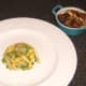 Duck egg fried rice and duck, pineappl and cashew stir fry are served separately