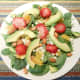Spinach Salad: Baby spinach, avocado slices, fresh orange bits, almonds, feta cheese and sliced strawberries.