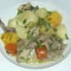 A single serving of rabbit, lamb and root vegetable stew
