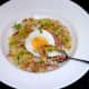 Tucking in to celtuce, chicken and ham fried rice with fried egg