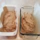 Pour out your dough and mix one more time on the counter. Then separate the dough into two pieces and put those into your loaf pans.