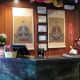Desk area showcasing numerous awards
