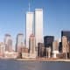 World Trade Center as seen from the Hudson River, circa 1995.
