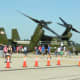 An MV-22 Osprey, Bu Number 168332, at Dulles IAP, September 2017. The MV-22s of HMX-1 has flown VIPs but for safety concerns has not, as of May 13, 2018, flown as "Marine One".