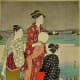 Women of the middle Edo Period wearing stylish wide obi. Print by Kiyonaga