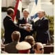President Anwar Sadat of Egypt, President Jimmy Carter of the United States, and Prime Minister Menachem Begin of Israel, met in 1978 for the Camp David Accords.