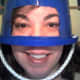 The author wearing her helmet, looking ever so slightly like Bender from Futurama.