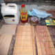 White spirit, Teak Oil and Beeswax for final clean and polish.