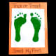 Add green footprints to a white sheet of paper with the title "Trick or Treat, Smell My Feet".