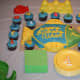 Fish shaped cake and under the sea cupcakes.