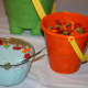 Goldfish and ocean dip made from blue food coloring and french onion dip.
