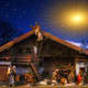 A nativity scene depicts the birth of Jesus.
