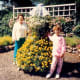 My mother and niece next to a topiary bride at Columbia Gorge Hotel