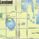 Map of Loveland showing the water elements within the town. Noted are the locations of Benson and North Lake Park.