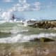 Recent view of man-made Kalamazoo River Mouth structure during a windstorm with 60 mph wind gusts near Oval Beach, Saugatuck, Michigan